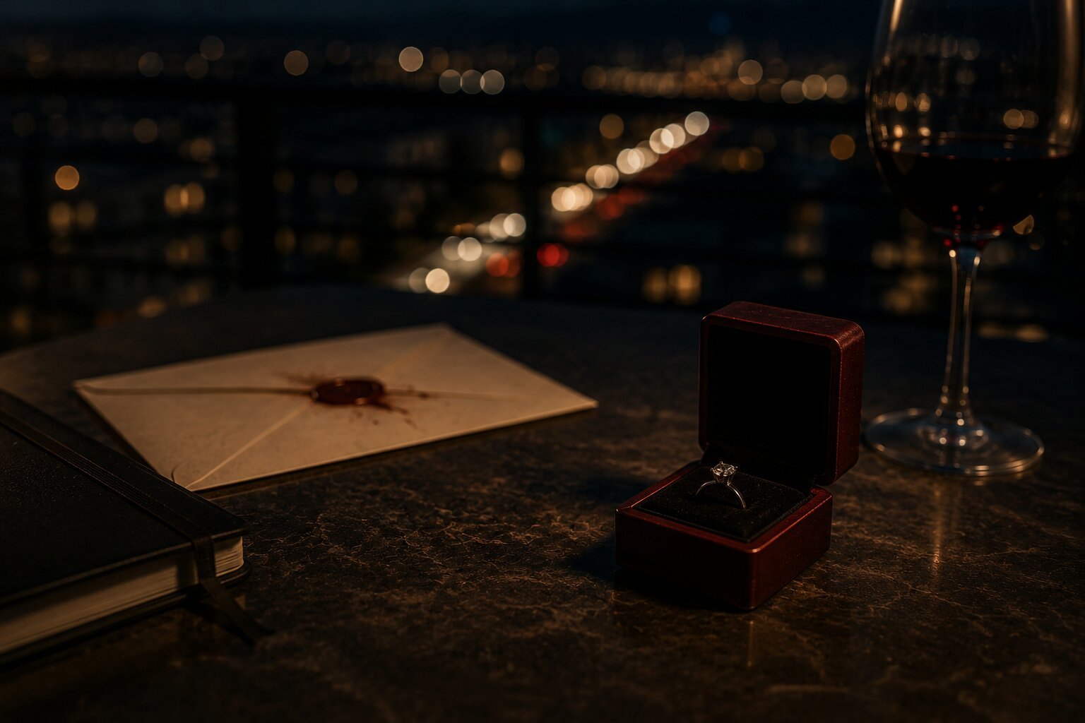 An open ring box beside a glass of wine — Anticipation, a tragic love story by Jey Lofton.